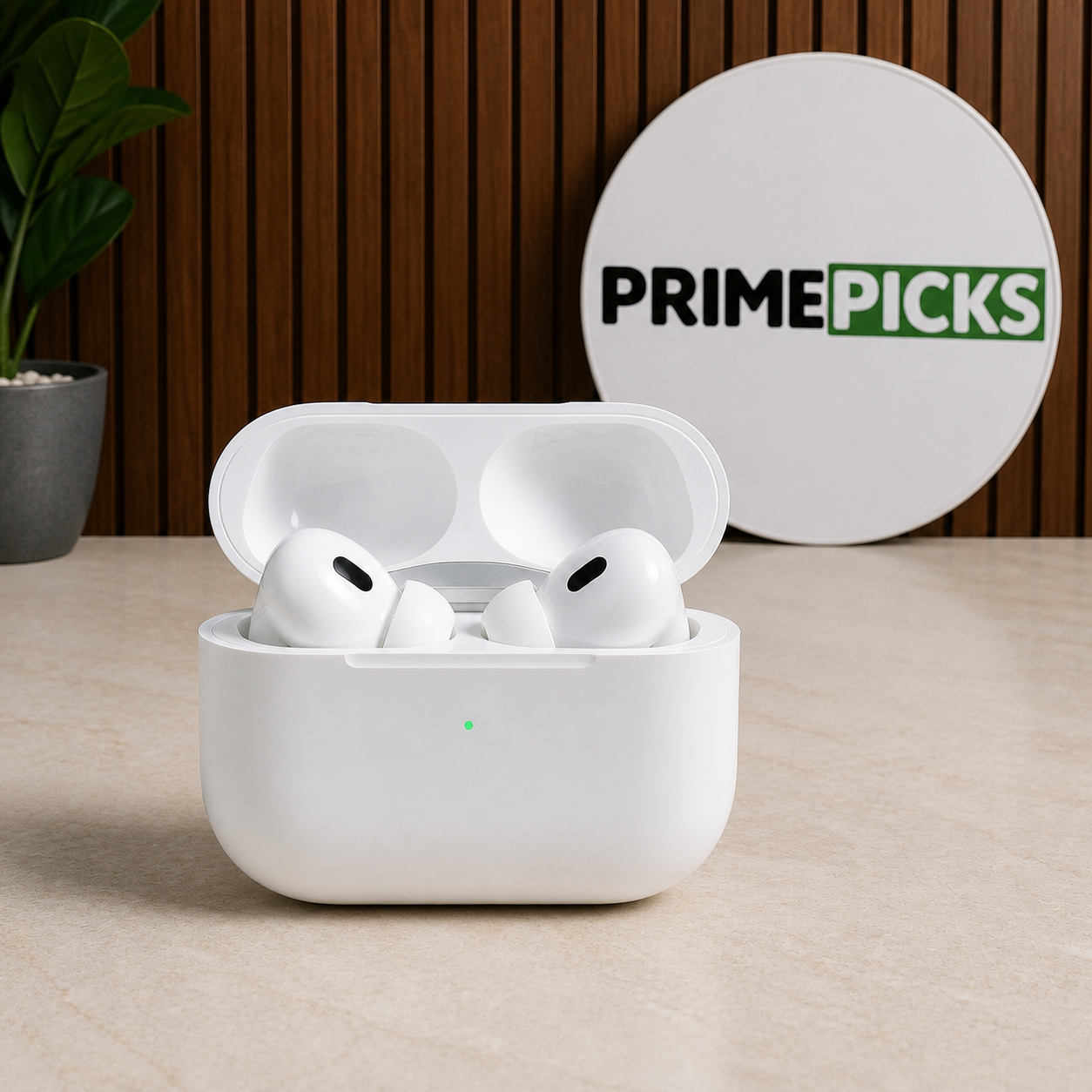 PrimePicks white replica-style wireless earbuds beside the complete round PrimePicks logo board