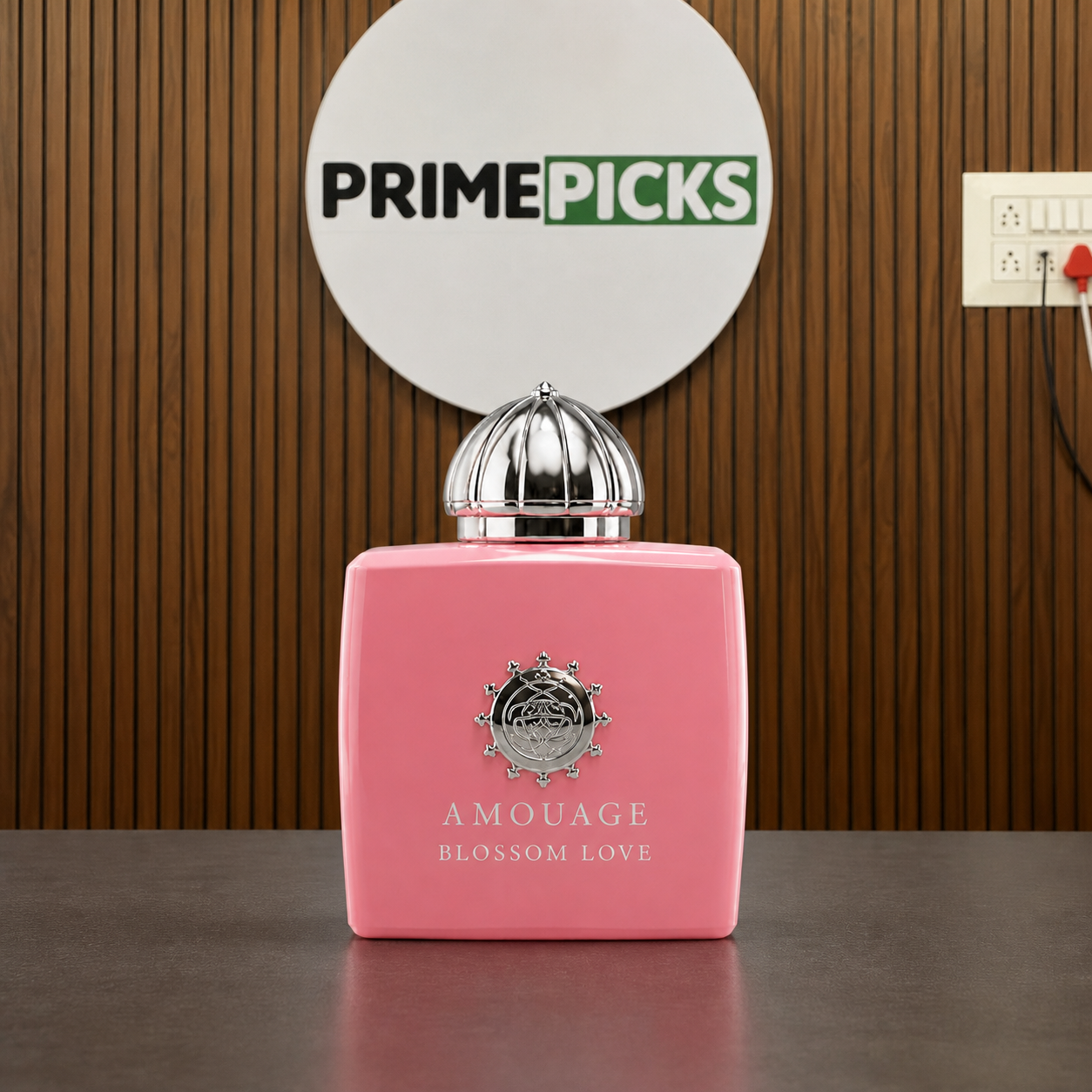 Amouage Blossom Love bottle at the PrimePicks office