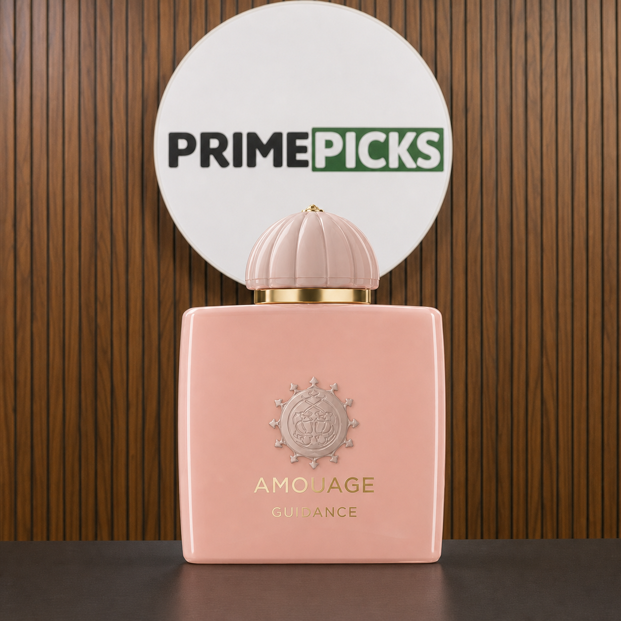 Amouage Guidance perfume bottle at the PrimePicks office sign