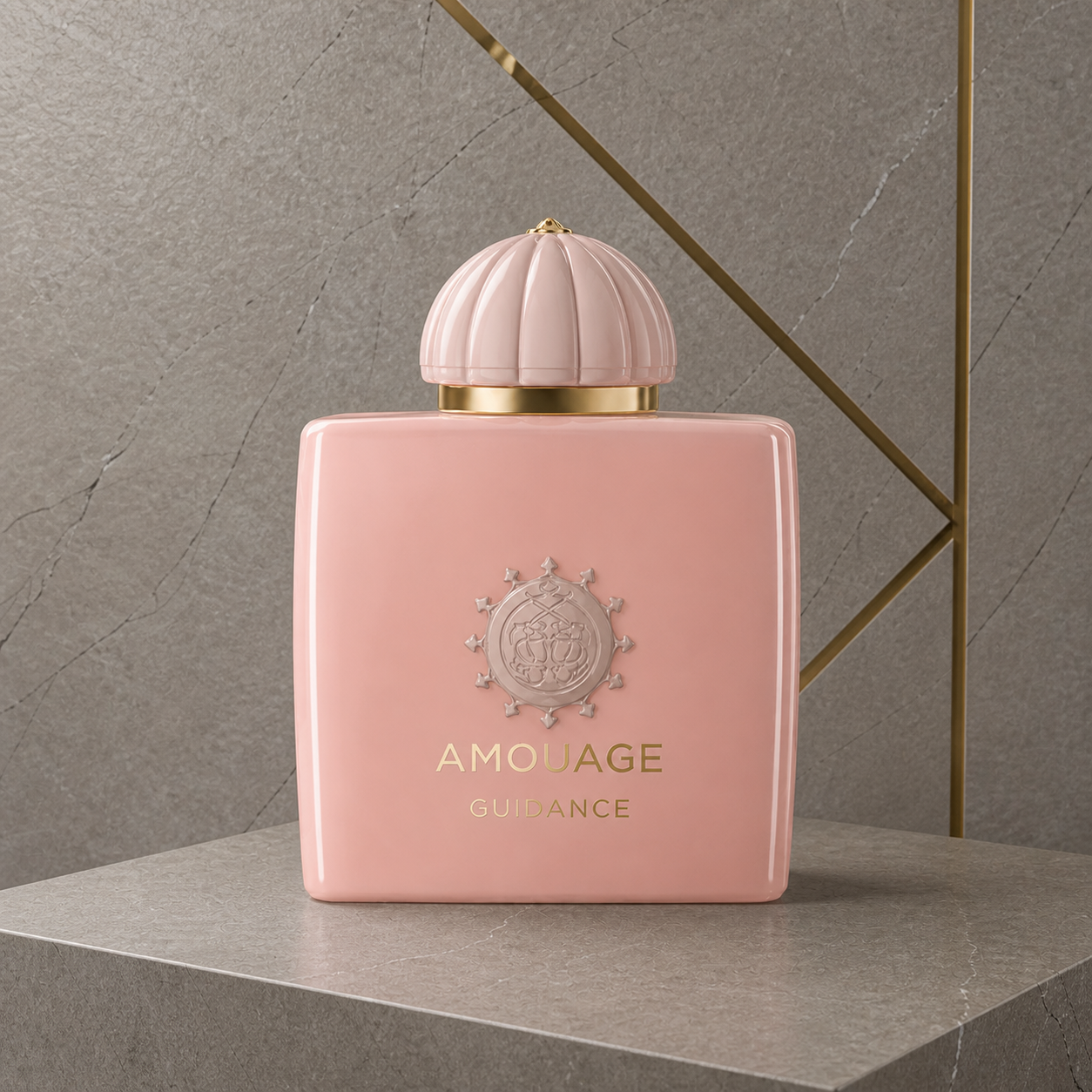 Amouage Guidance perfume bottle against the PrimePicks stone wall