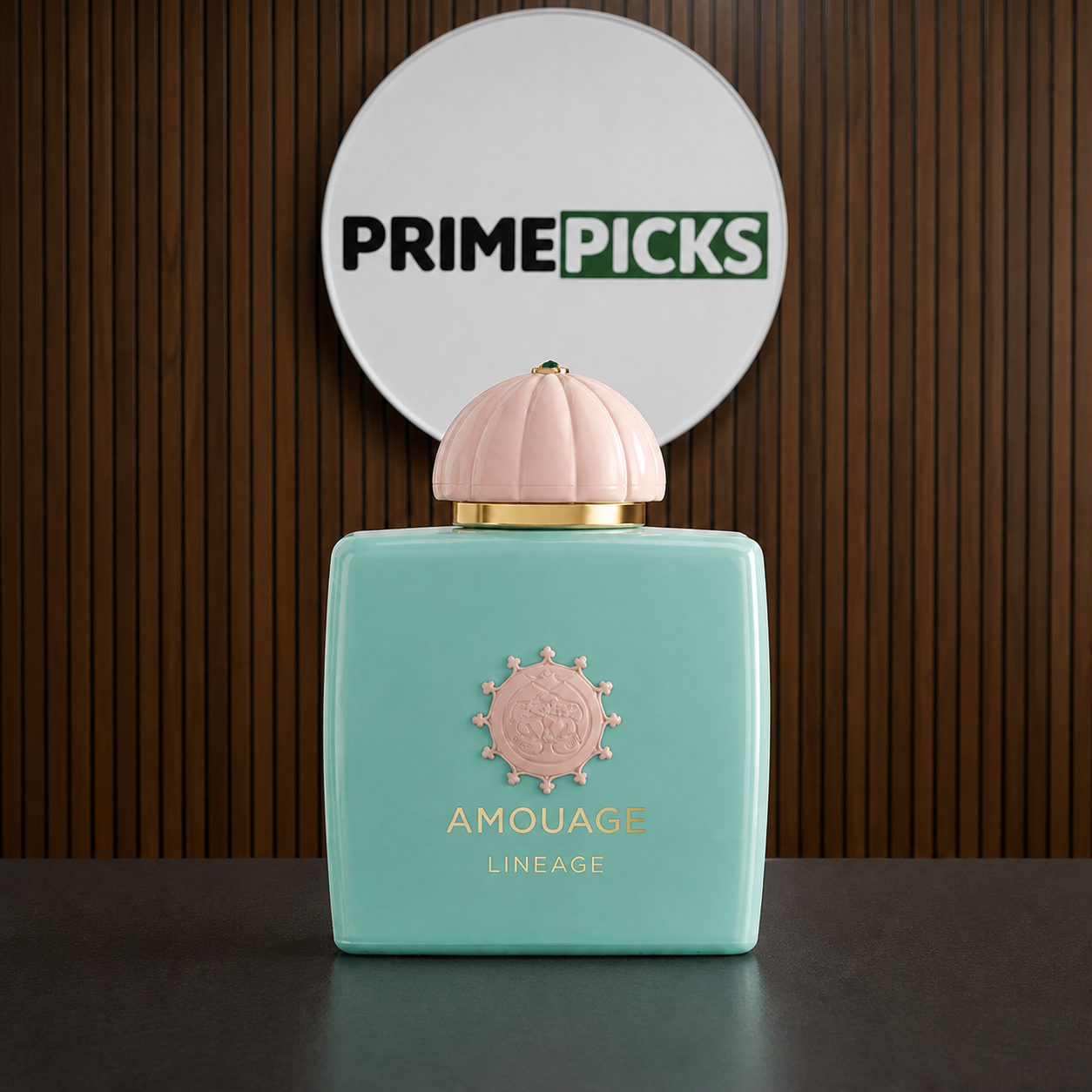 Amouage Lineage perfume bottle at the PrimePicks office sign