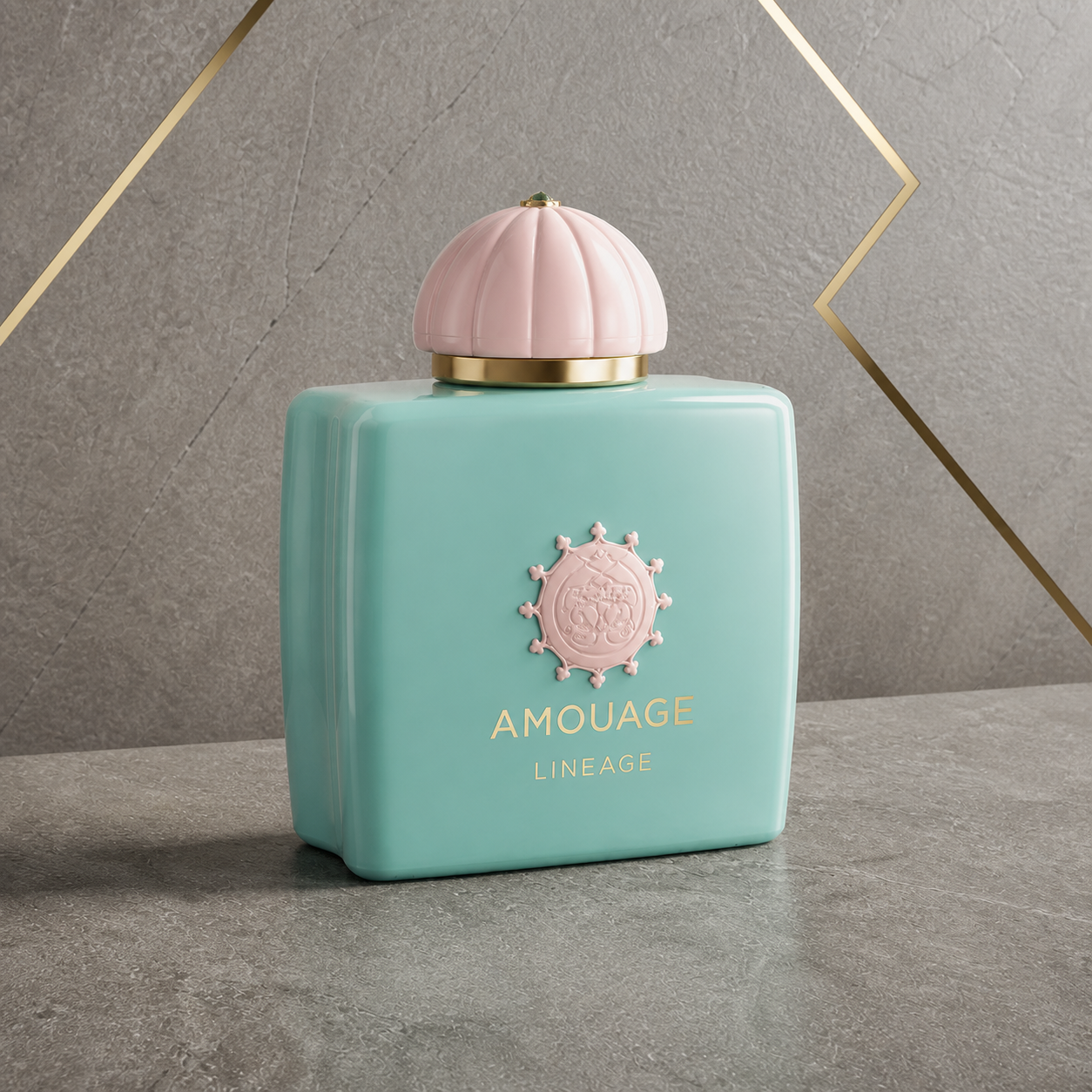 Amouage Lineage perfume bottle against the PrimePicks stone wall