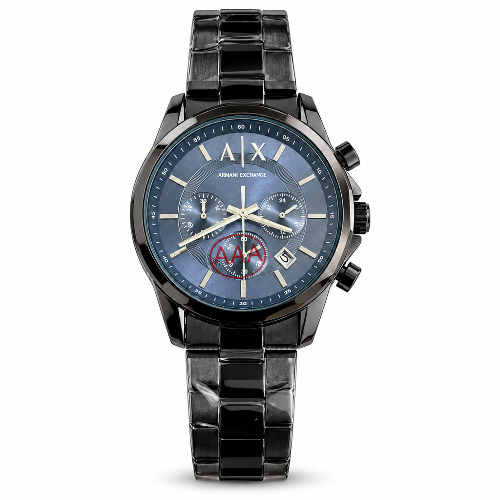 Armani Exchange AX men’s black chronograph watch with grey-blue dial on white background
