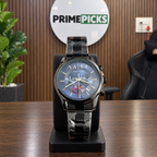 Armani Exchange AX black chronograph watch displayed in the PrimePicks office
