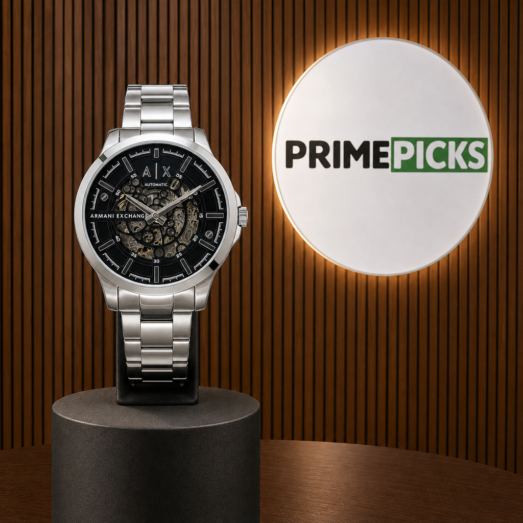 Armani Exchange AX2418 silver skeleton automatic watch with Primepicks logo