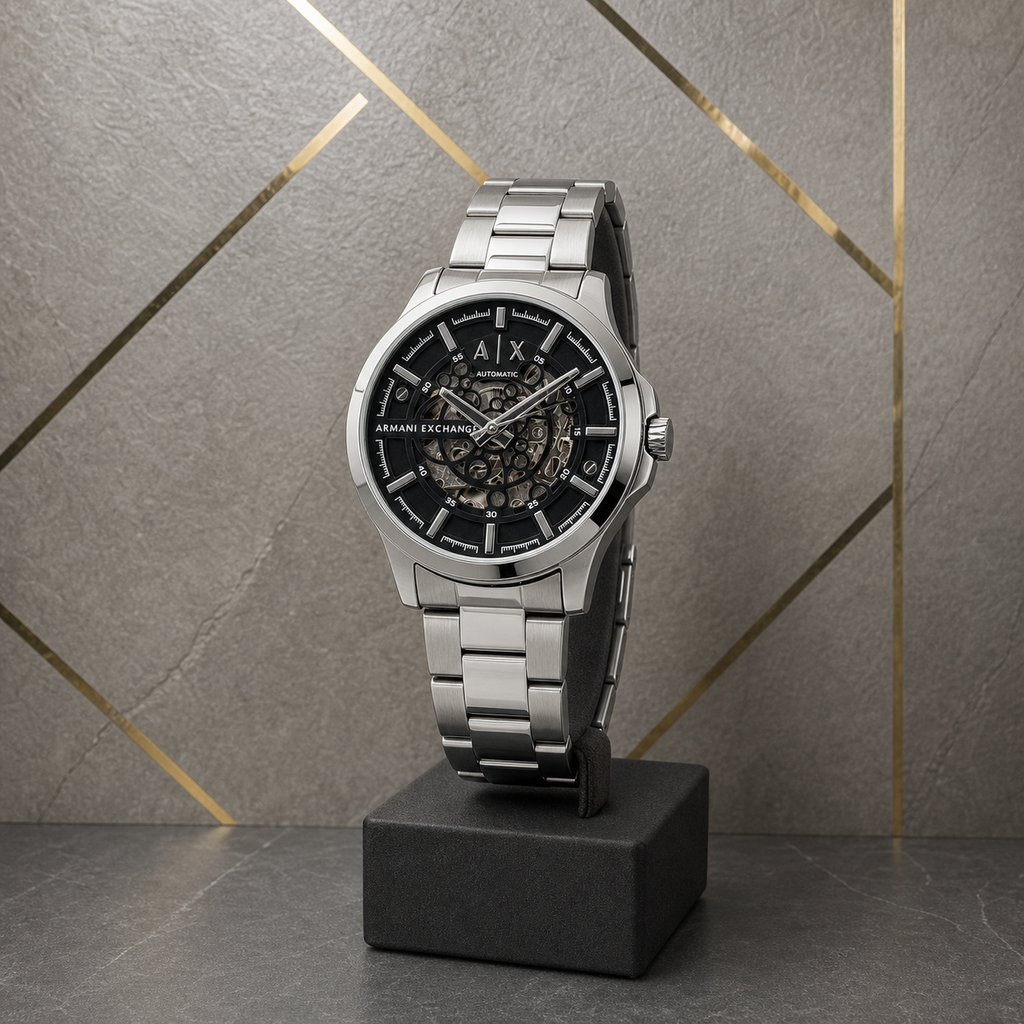 Armani Exchange AX2418 silver skeleton automatic watch in geometric Primepicks office