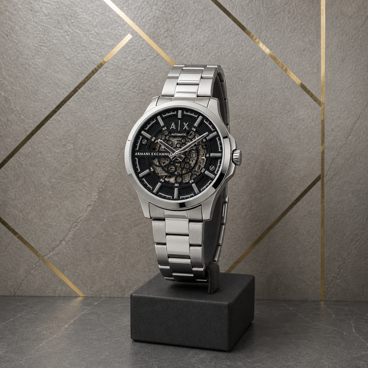 Armani Exchange AX2418 silver skeleton automatic watch in geometric Primepicks office