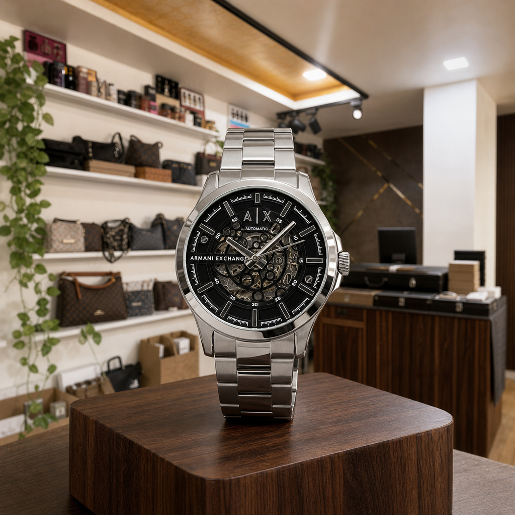 Armani Exchange AX2418 silver skeleton automatic watch in Primepicks boutique