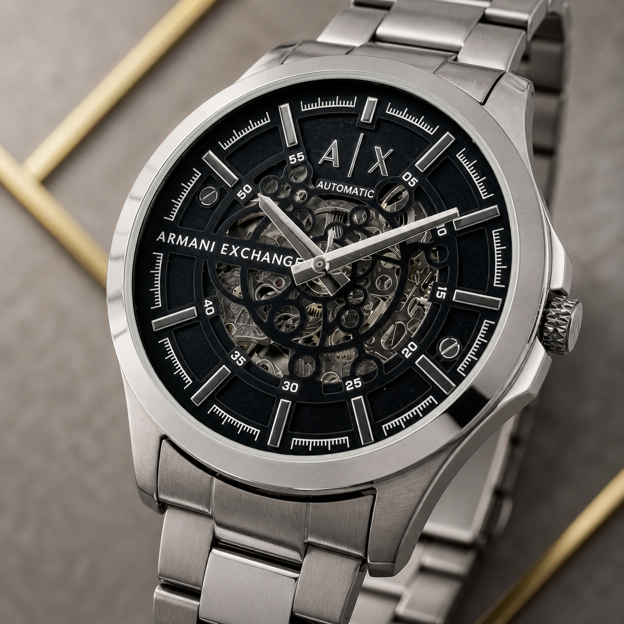 Armani Exchange AX2418 black skeleton dial close-up