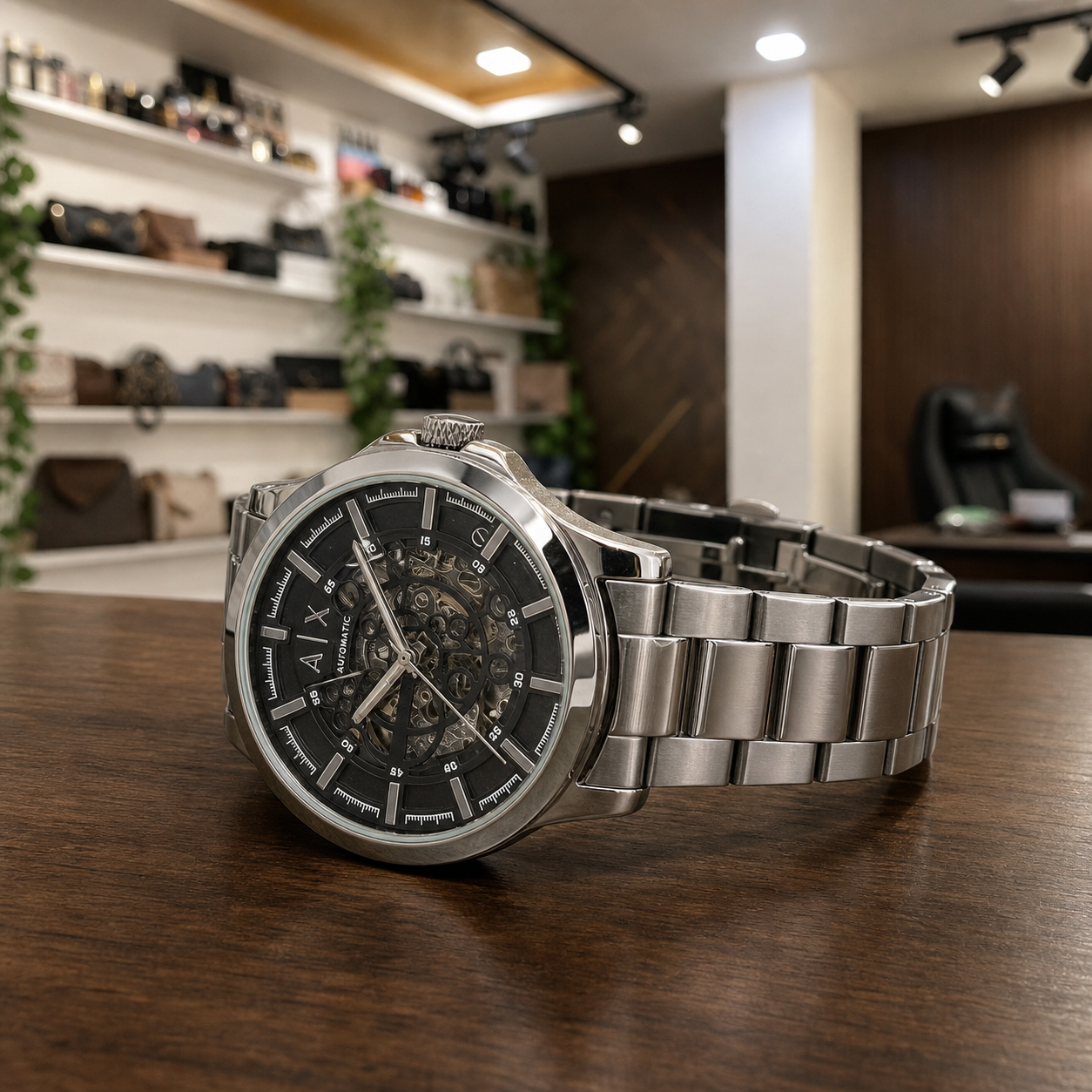 Armani Exchange AX2418 silver bracelet and case profile in Primepicks boutique