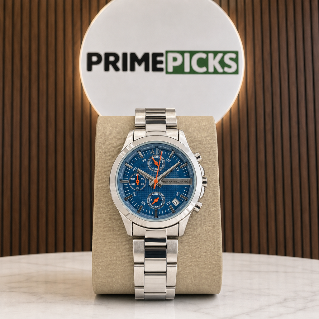 Blue dial Armani Exchange Chronograph in front of the PRIMEPICKS logo board