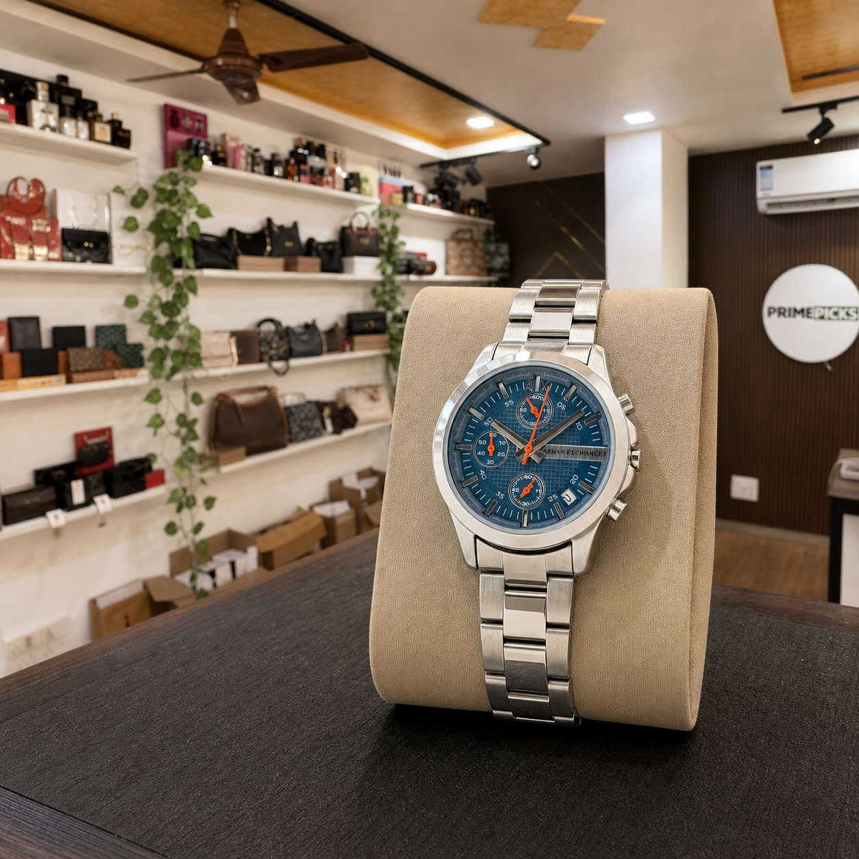 Blue dial Armani Exchange Chronograph displayed inside the Primepicks office