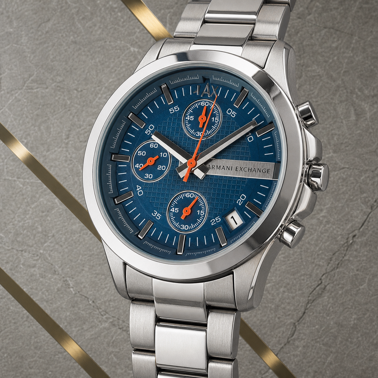 Close product view of the blue dial Armani Exchange Chronograph