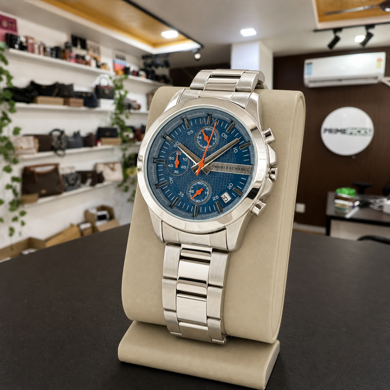 Three-quarter product view of the blue dial Armani Exchange Chronograph bracelet and case