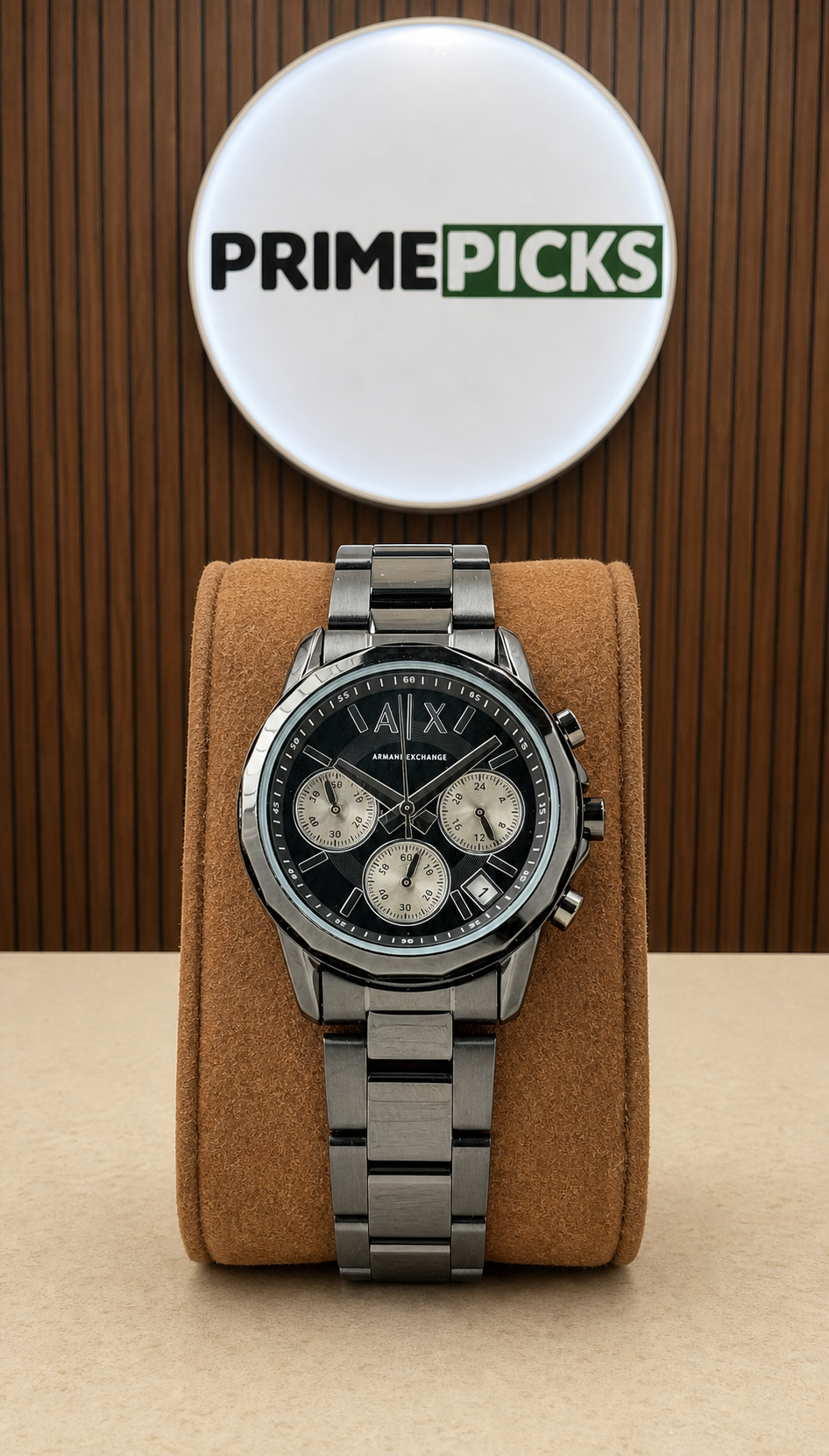 Armani Exchange Chronograph on display in front of the PRIMEPICKS logo board