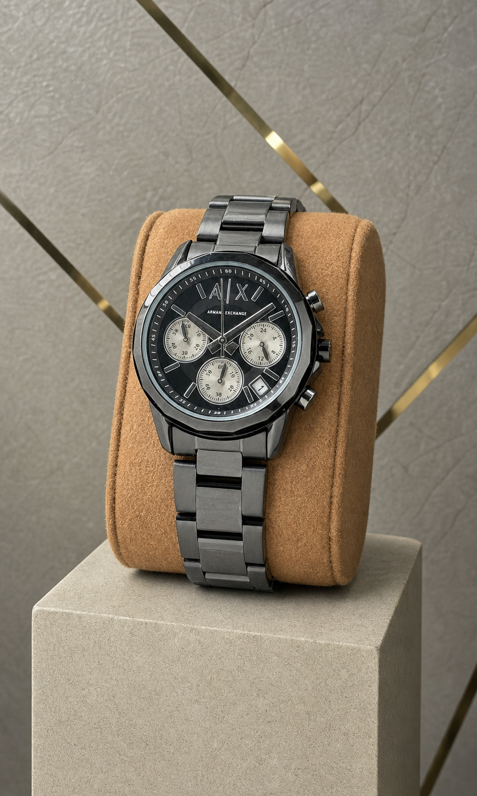 Armani Exchange Chronograph product view against the grey and gold office wall