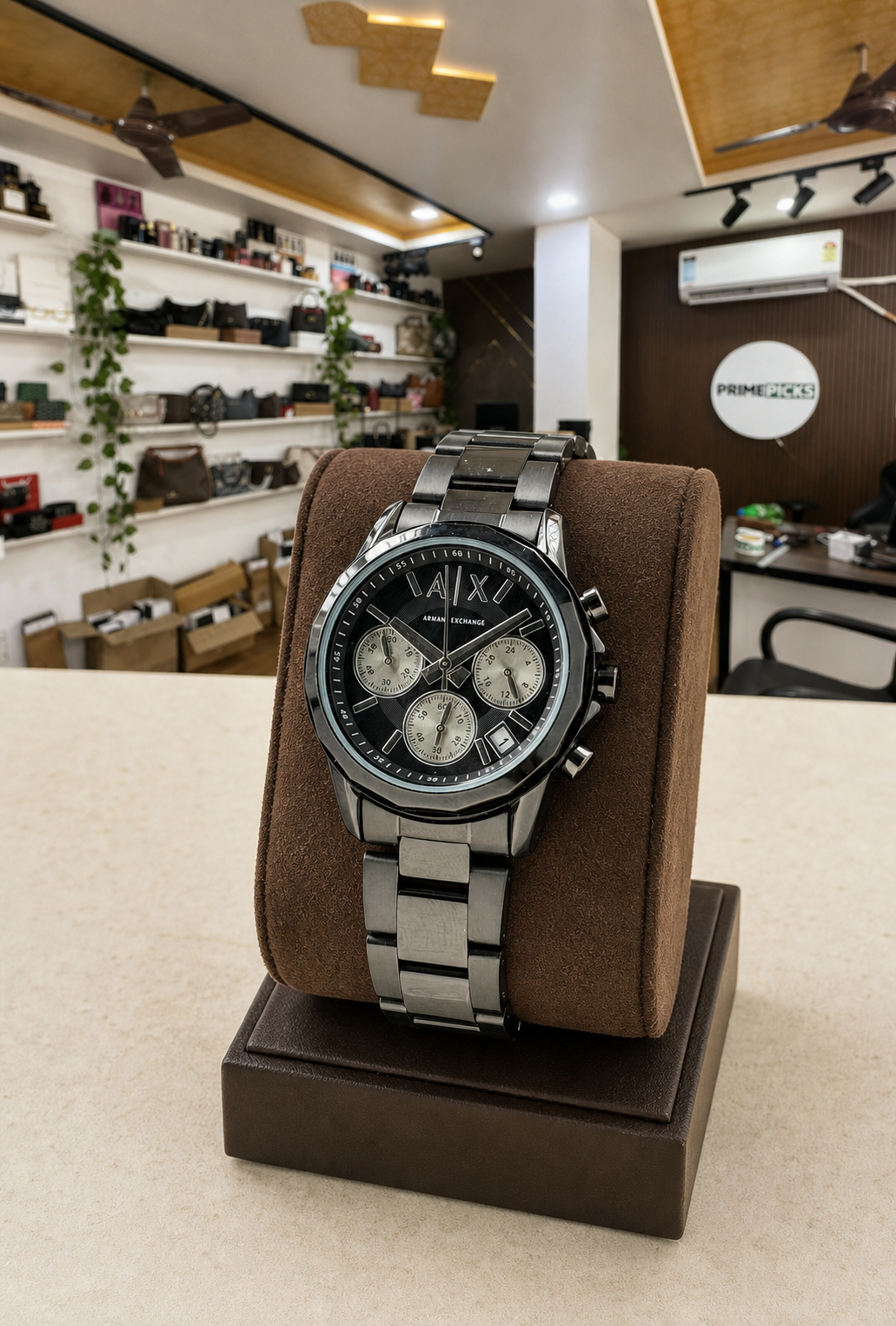 Armani Exchange Chronograph displayed inside the Primepicks office