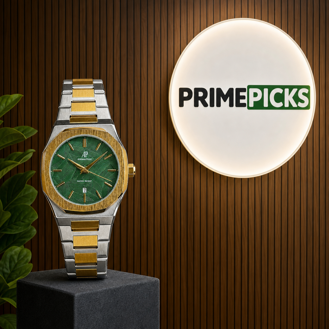 Audemars Piguet Royal Oak green dial two-tone watch at Primepicks logo wall