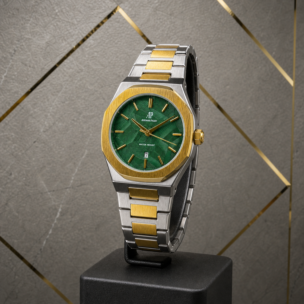 Audemars Piguet Royal Oak green dial two-tone watch on geometric office wall