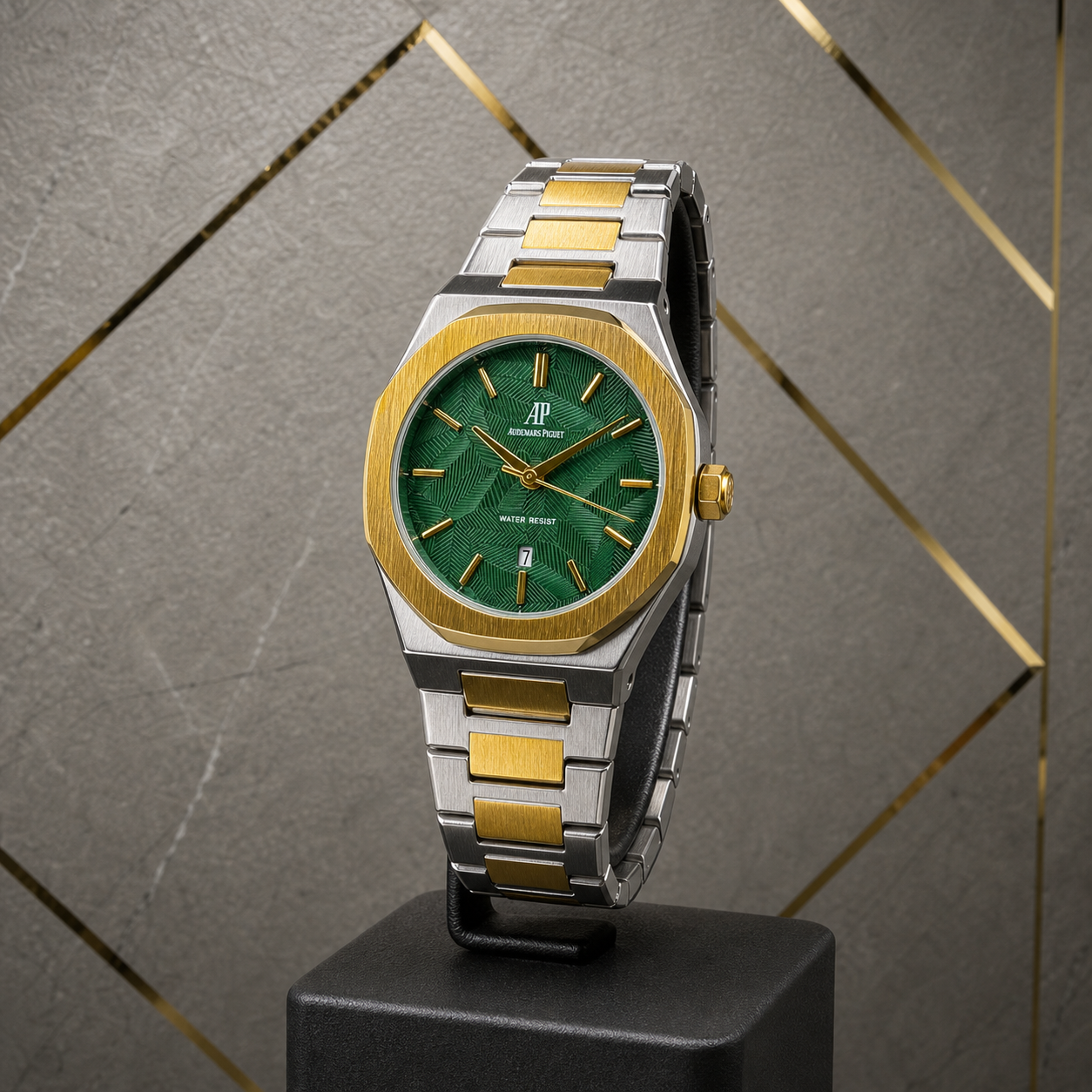 Audemars Piguet Royal Oak green dial two-tone watch on geometric office wall