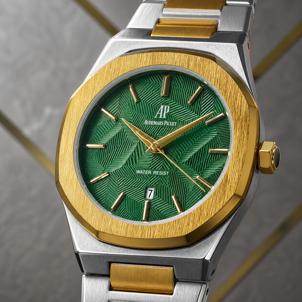 Close-up of green textured dial and gold-tone bezel