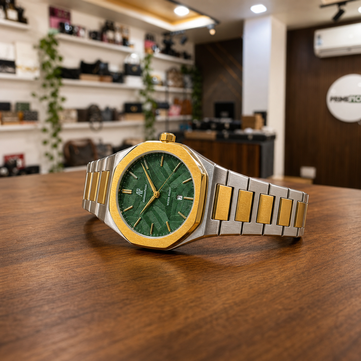 Profile view of green dial two-tone Royal Oak watch in boutique