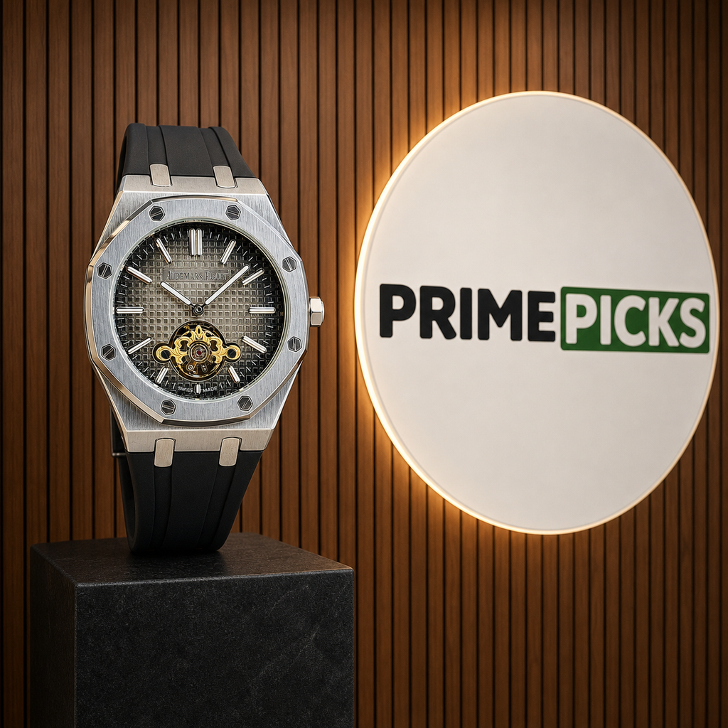 Audemars Piguet Royal Oak grey open-heart automatic watch with Primepicks logo