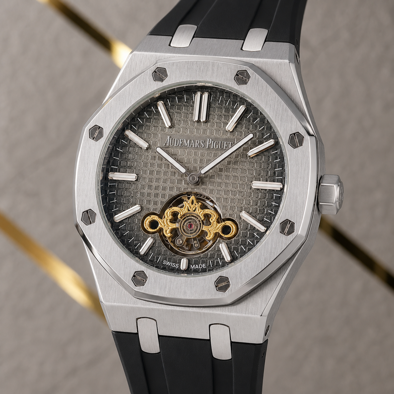 Audemars Piguet Royal Oak grey tapisserie open-heart dial close-up