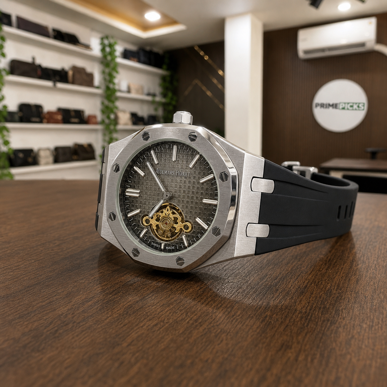 Audemars Piguet Royal Oak silver case and black strap profile