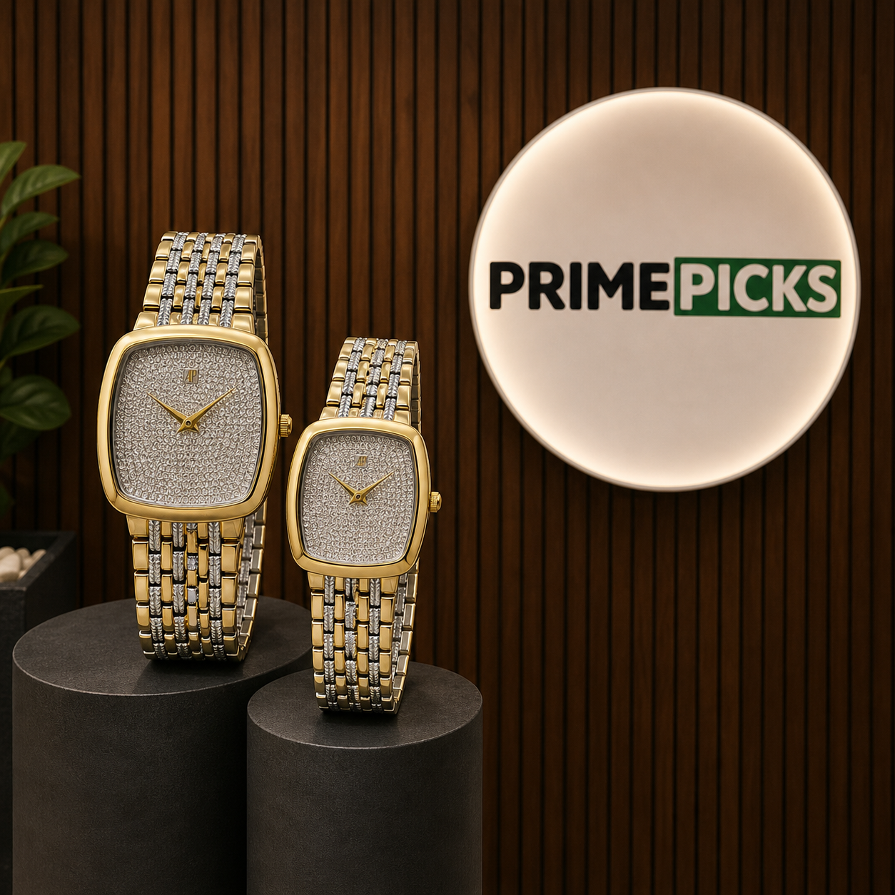 Audemars Piguet Slim Edge diamond couple watch set with Primepicks logo