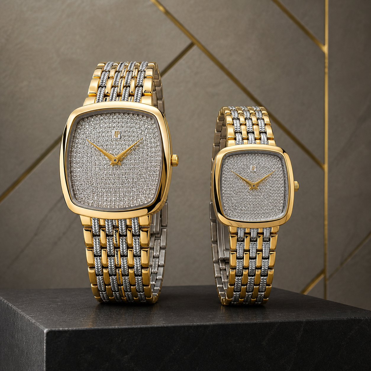 Audemars Piguet 42mm and 31mm diamond couple watches in geometric office