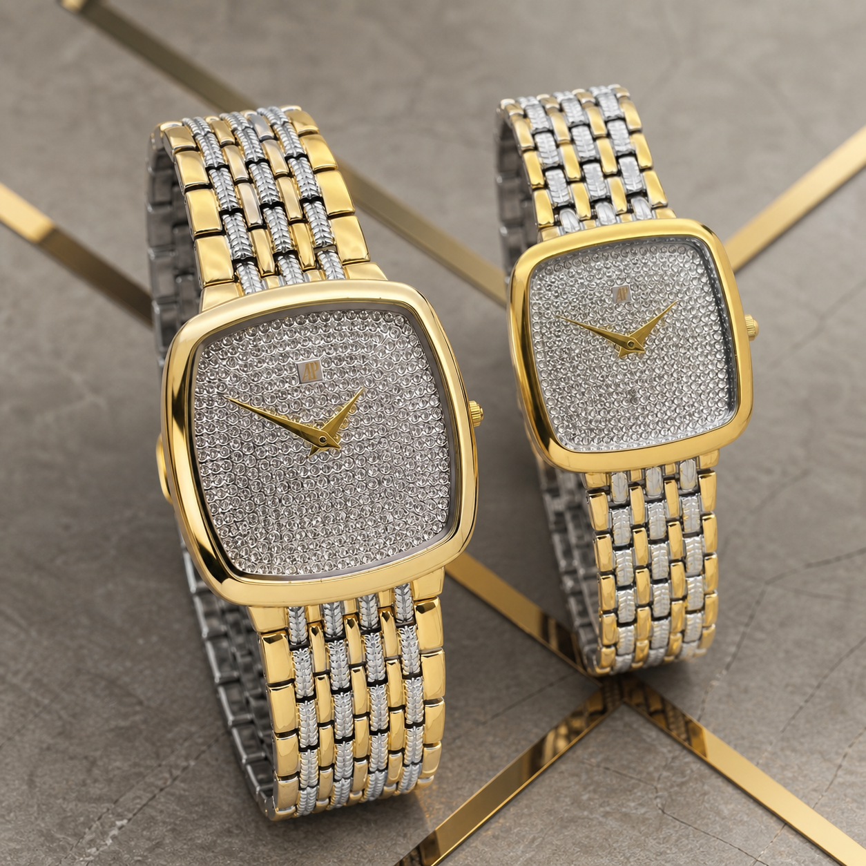 Audemars Piguet couple watch crystal dial and two-tone bracelet detail