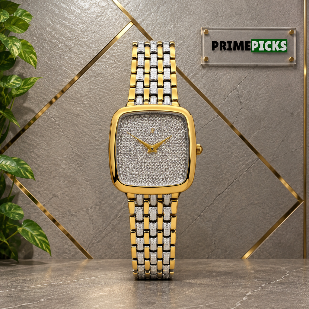 Audemars Piguet Slim Edge watch against the PrimePicks grey and gold display wall