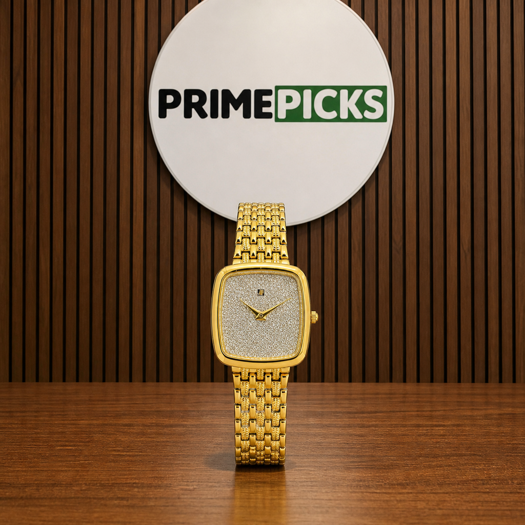 Audemars Piguet Slim Edge gold crystal-dial watch at Primepicks logo wall