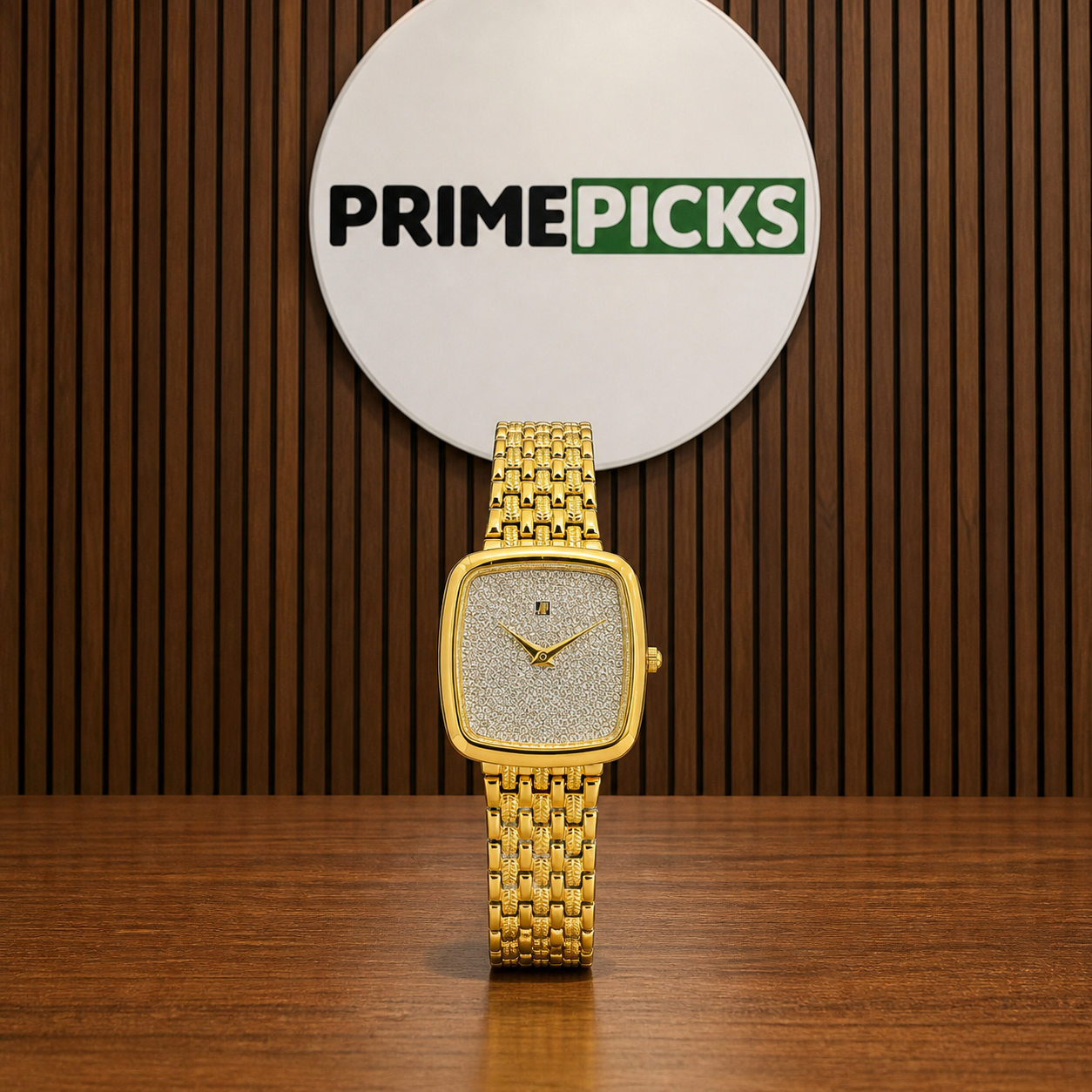 Audemars Piguet Slim Edge gold crystal-dial watch at Primepicks logo wall