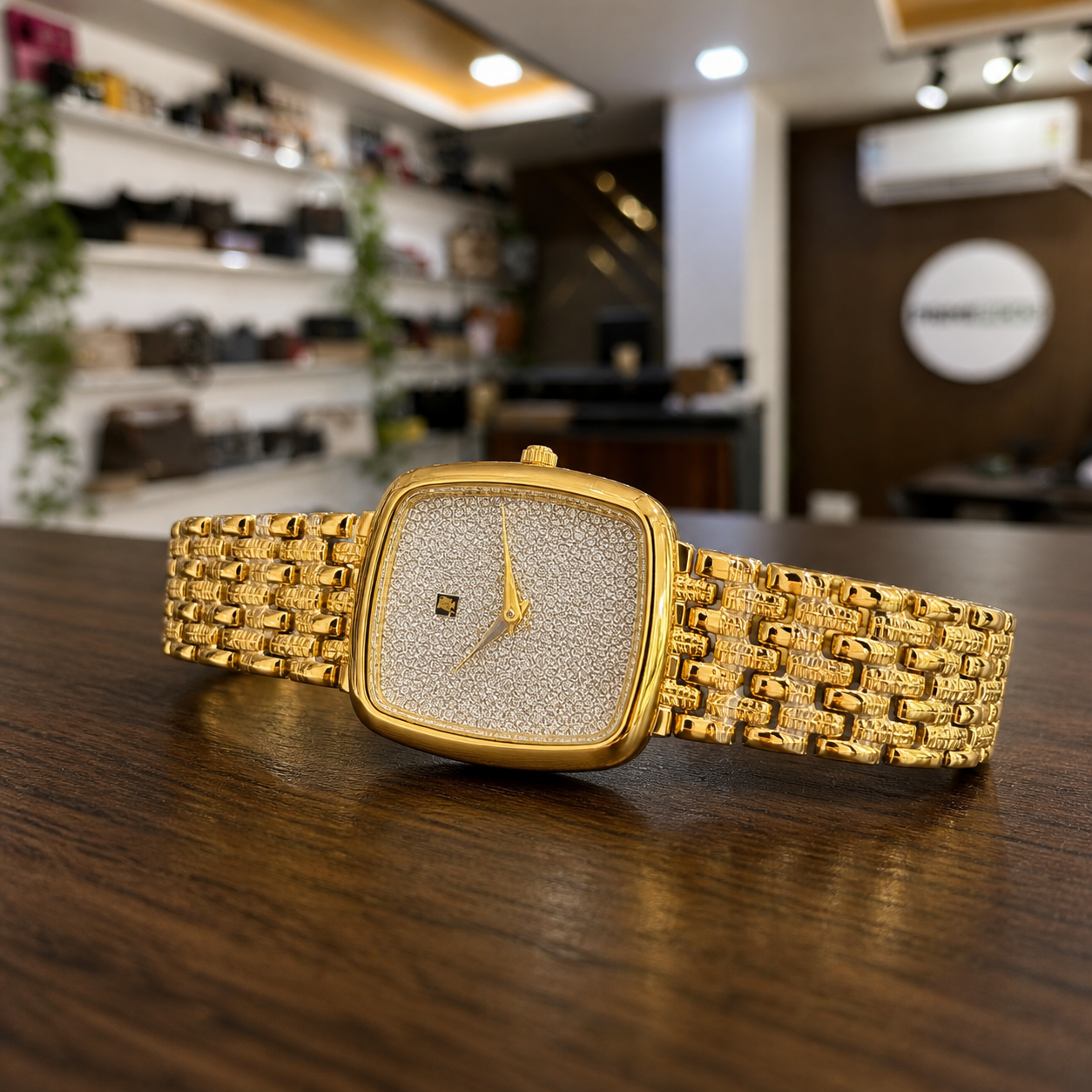 Profile view of Slim Edge gold watch and detailed bracelet