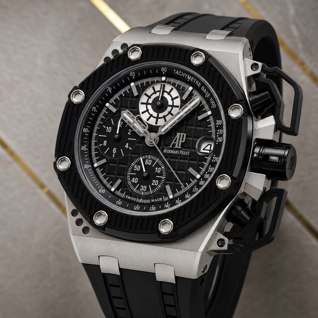 Close-up of Survivor Black chronograph dial and crown guard