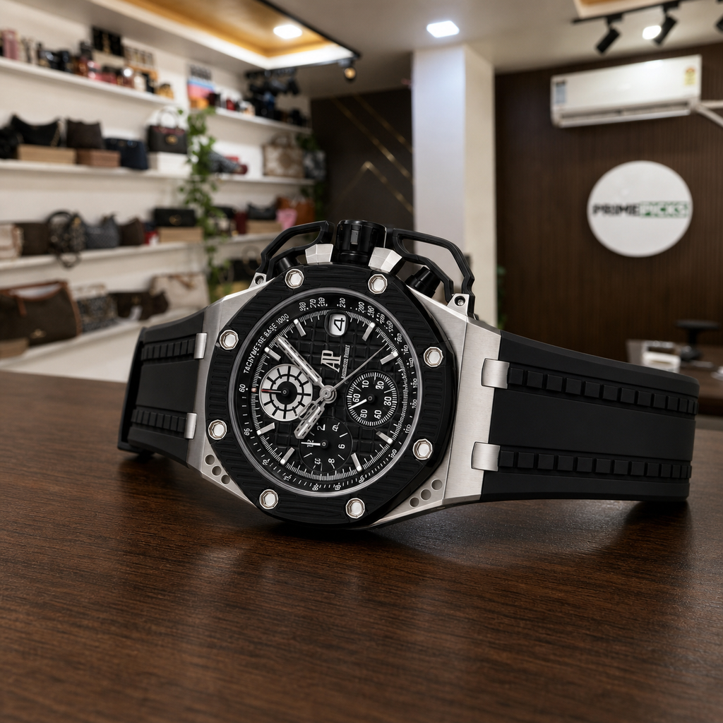 Profile view of Survivor Black chronograph and rubber strap