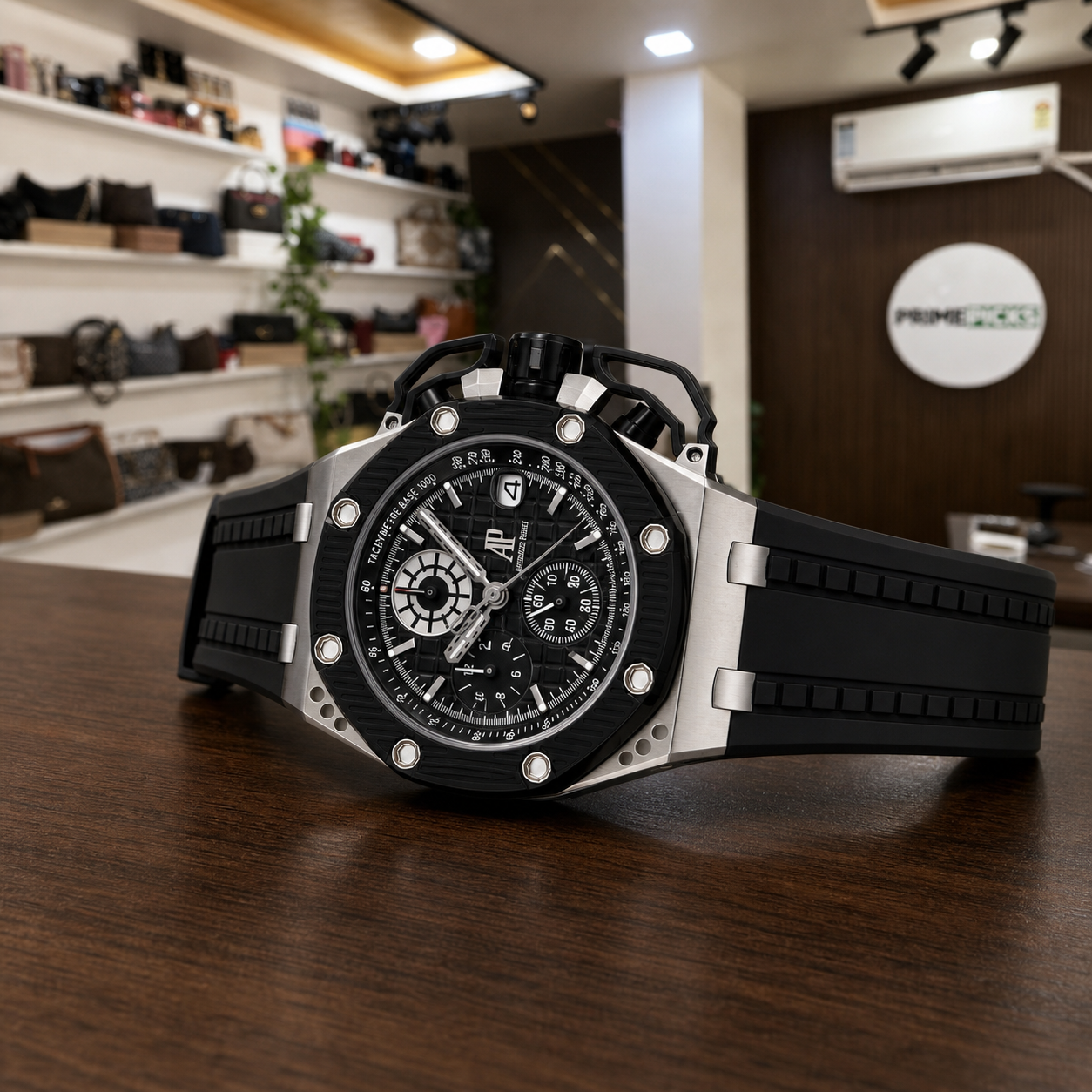 Profile view of Survivor Black chronograph and rubber strap