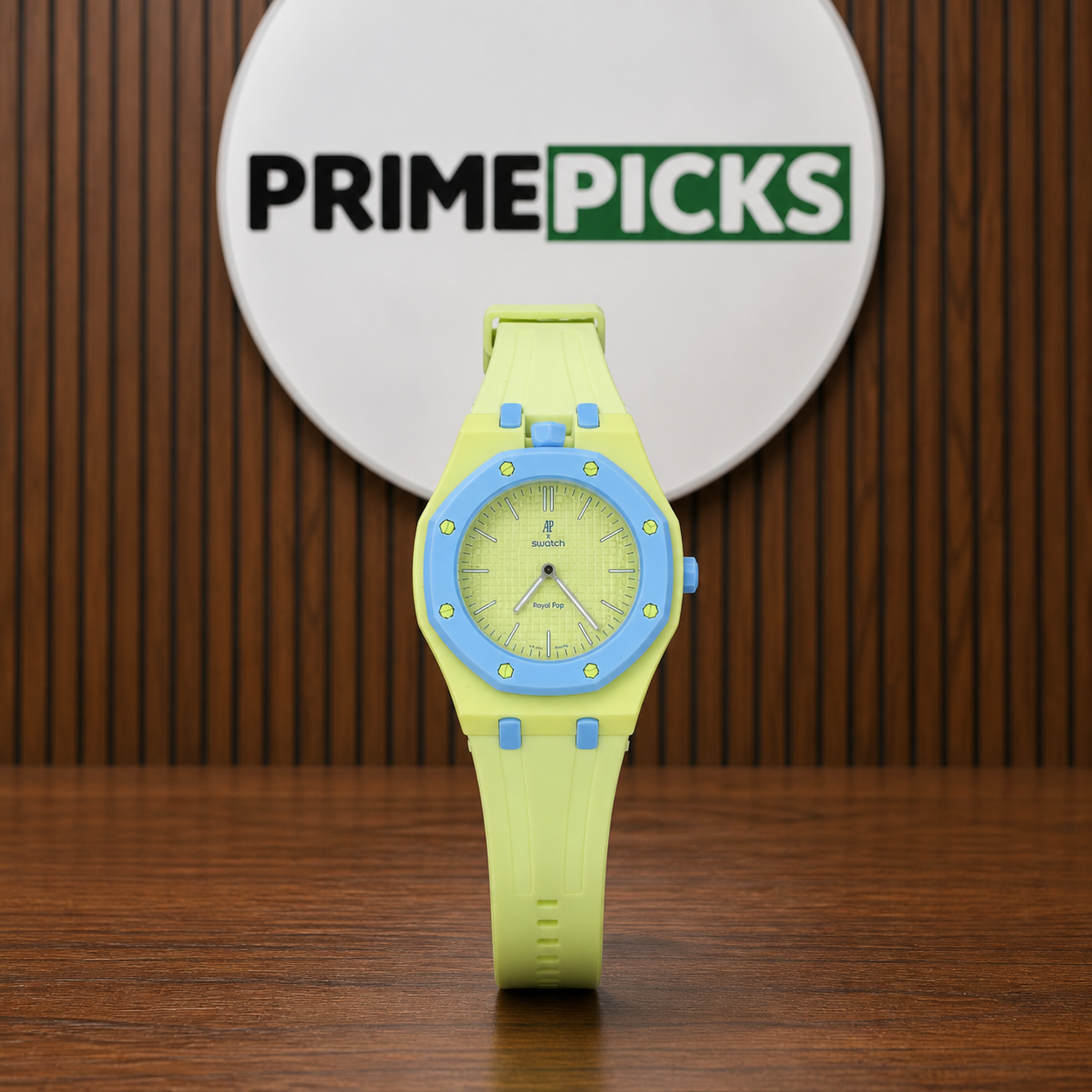Audemars Piguet x Swatch Royal Pop lime and blue watch with PRIMEPICKS logo