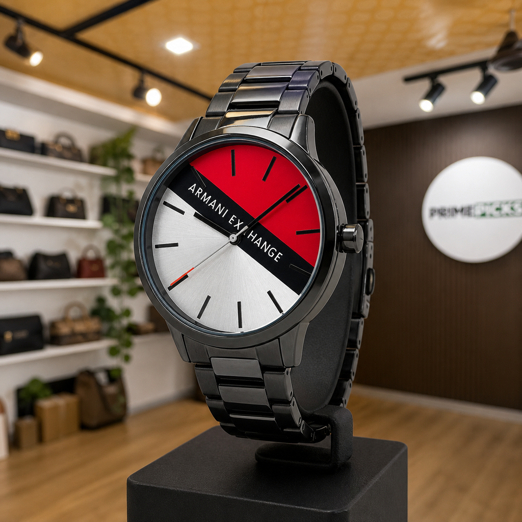 Armani Exchange AX2725 Cayde black watch side profile in Primepicks office