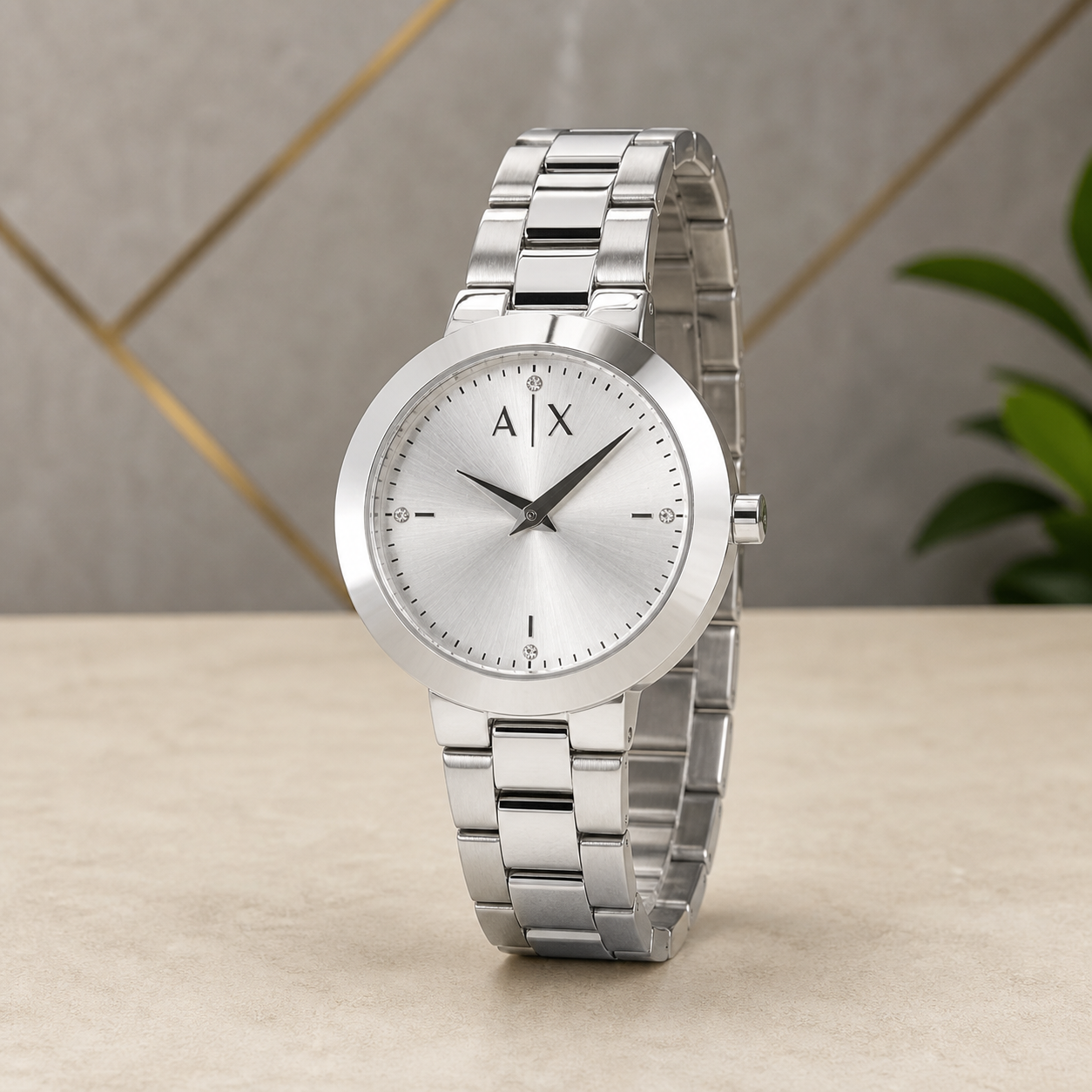 Silver A|X-dial replica-style watch with silver sunray dial and bracelet