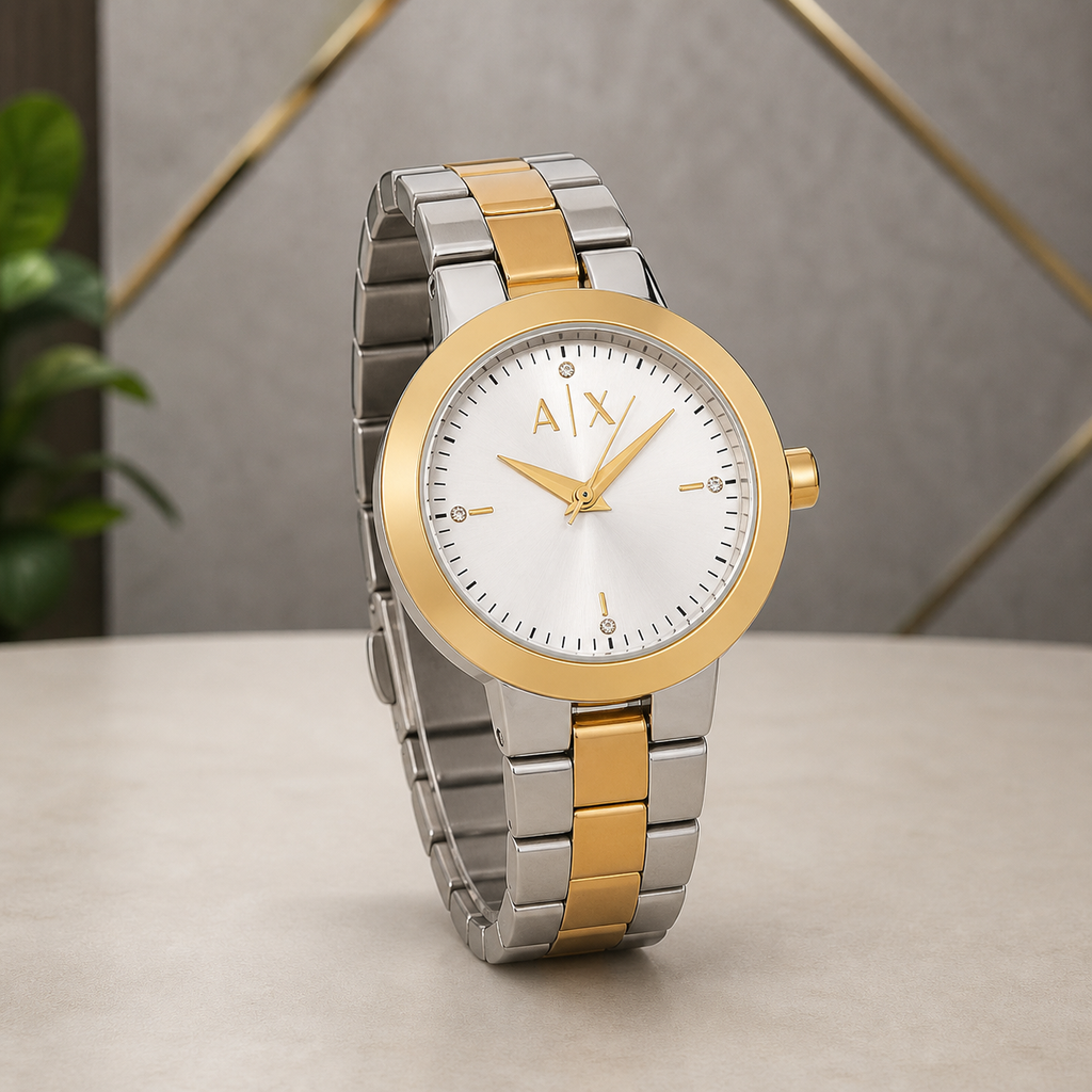 Gold and silver A|X-dial replica-style watch with pale dial