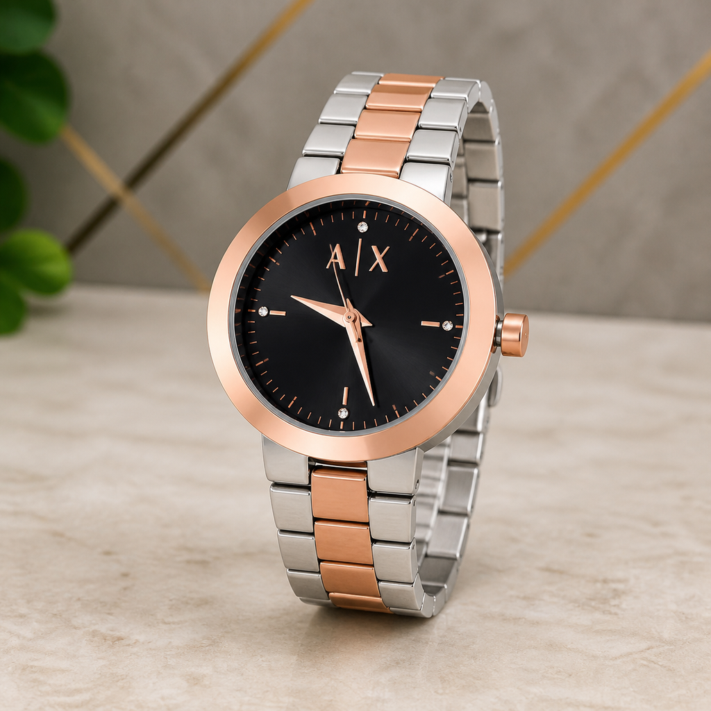Rose-gold and silver A|X-dial replica-style watch with black dial