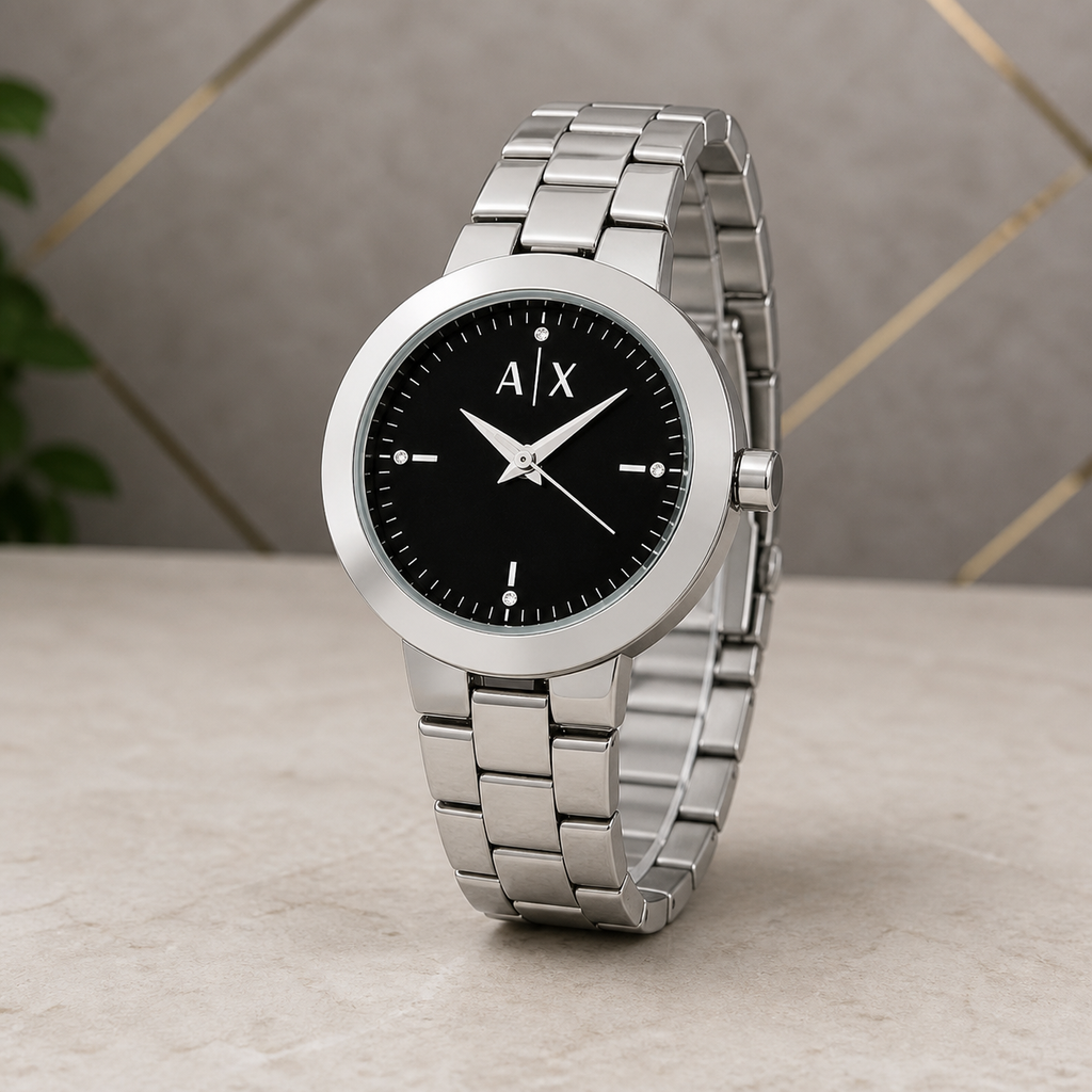 Silver A|X-dial replica-style watch with black dial