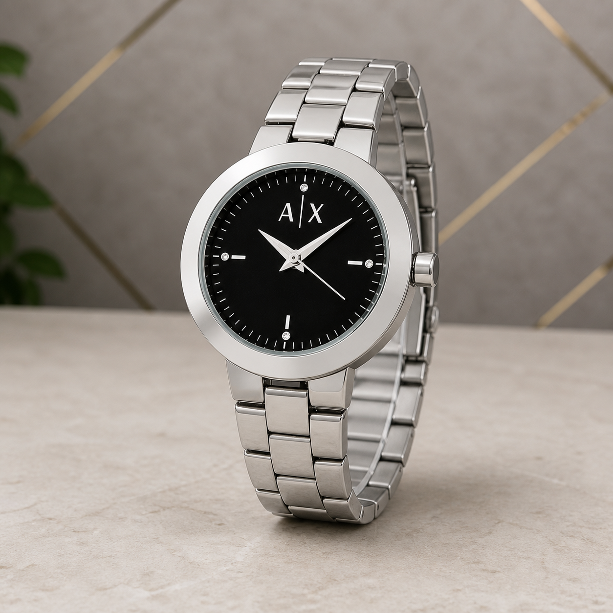Silver A|X-dial replica-style watch with black dial