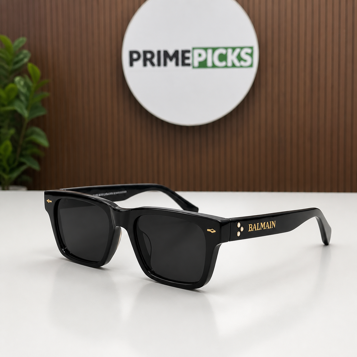 Balmain black rectangular sunglasses with gold temple details beside PrimePicks sign