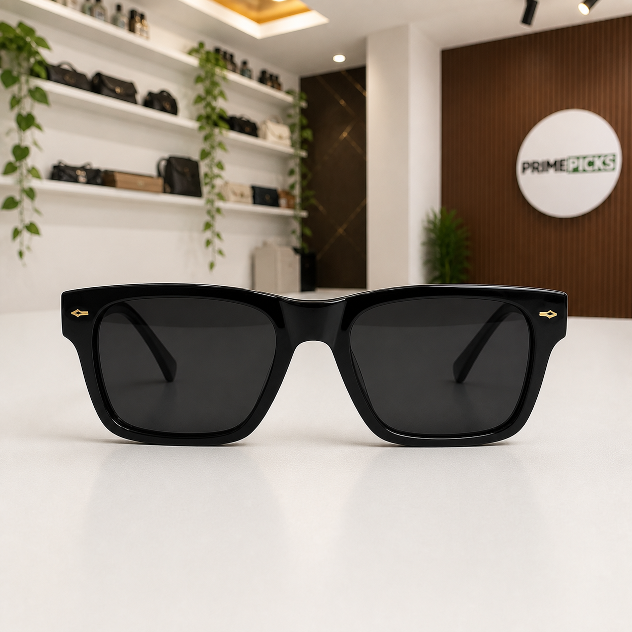 Front view of Balmain black rectangular sunglasses in the PrimePicks office