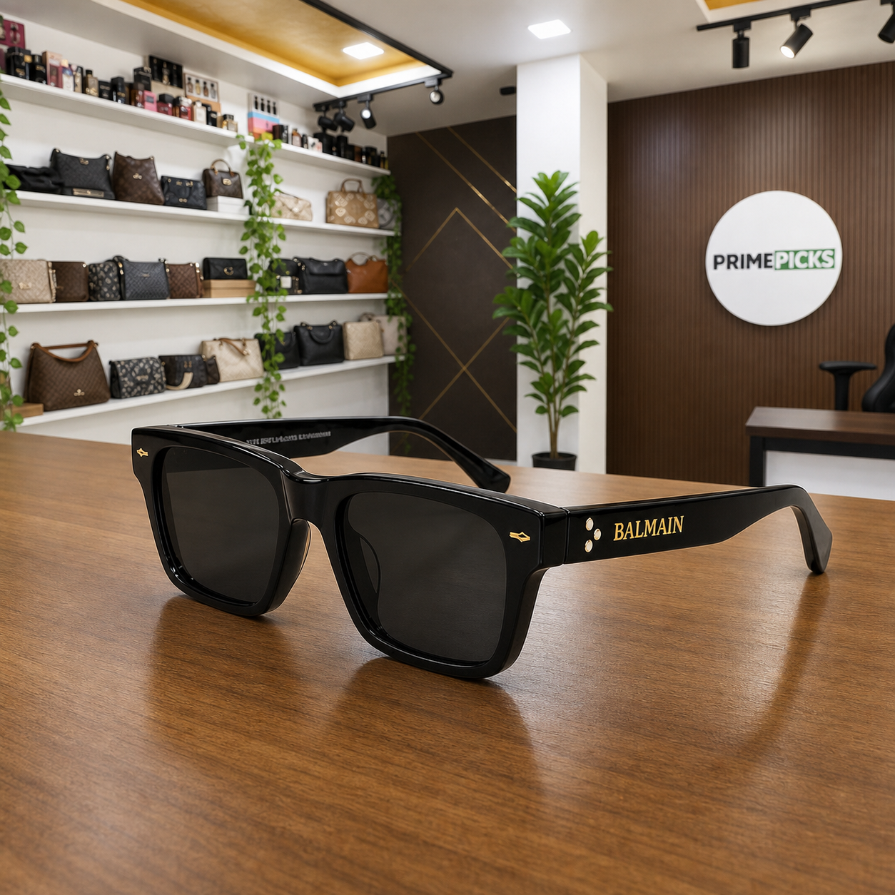 Balmain black sunglasses on a wooden PrimePicks office desk