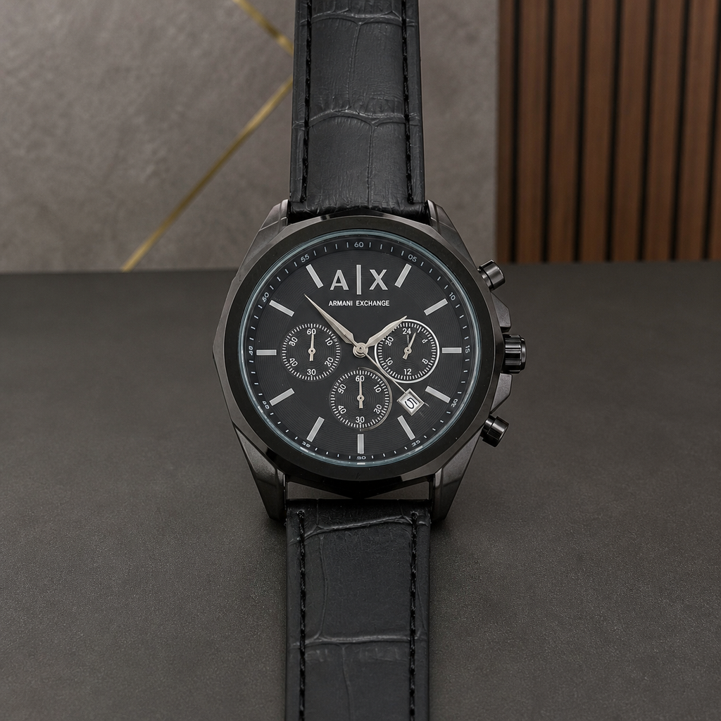 PrimePicks black three-register replica-style watch, slight angle view